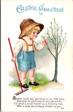 Clapsaddle Easter Postcard Young Child Gardening Holding Rake Blooming Tree picture