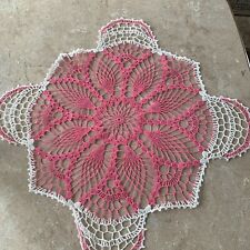 Vtg Victorian Hand Crochet Large Centerpiece Pink White~14 Stitch per Inch~17” picture
