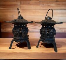 Pair Of Cast Iron Pogoda Candle Holders Hanging Lanterns  picture