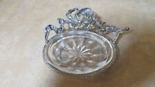 Vintage Elegant Metal Silver Tone Ribbons & Glass Footed Trinket / Soap Dish picture