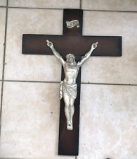 Large French Wall Crucifix Heavy Silver 28” Wood Cast Metal Church France Brown picture