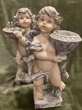 Rare Vtg Cherub Angels Silver Statues Resin Garden Christmas  15” Tall Set Of 2 picture