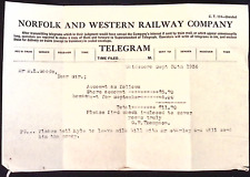 1936 NORFOLK WEATERN RAILWAY CO TELEGRAM REGARDING MILK BILL WAIDSBORO CV312 picture