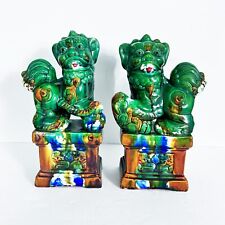Vintage Pair of Chinese Foo Dogs Statues Green Glazed Chinoiserie Temple Dogs picture