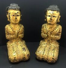 RARE Vintage Pair Temple Thai Siamese Prayer Statues, Gold Wood Hand-carved, 10” picture
