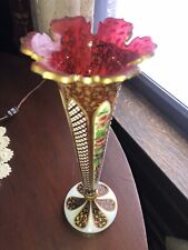 Antique Moser Rare Bohemian Overlay Glass Vase Gold & Floral Hand Painted 12