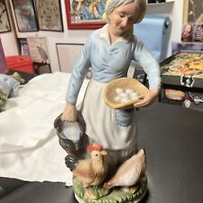 Farmhouse Old Farm Woman Gathering Eggs Chickens Porcelain 9-23-16 picture