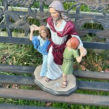 Vintage Jesus Christ Statue With Girl & Boy Kids Children Religious Figurine picture