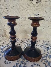 Antique Black Glass Hand Painted Chippy Candle Sticks Old picture