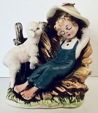 Vintage KALK Bisque Porcelain Germany Little Resting Boy Blue Lamb Sheep, Rare picture