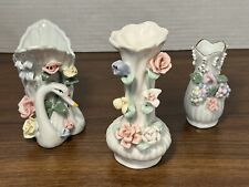 3 Small Vases With Flowers, Swans/Color White picture