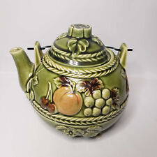 Vintage 1960’s Olive Green Teapot Japan Fruit Metal Handle Pears Teapot READ picture