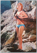 Sexy Redhead woman girl Postcard Risque Pinup bikini rocks ocean picture