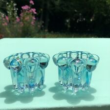 Pair of Vintage 1960s Reims French Glass Blue Candleholders Retro Bubble-Type picture