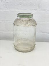 OLD VINTAGE RARE UNIQUE CLEAR GLASS ENGRAVED HORLICKS GLASS JAR WITH TIN LID picture