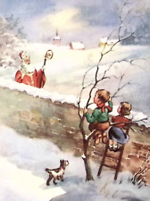 1950s BELGIUM Christmas Postcard Children in Tree Ladder See St Nicolas Come Dog picture