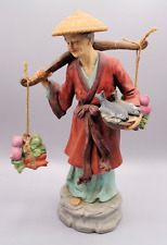 Vintage Japanese Porcelain Old Woman Carrying Fish & Vegetables Hand Painted picture