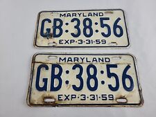 Maryland License Plates Matching Pair Vintage 1959 GB:38:56 EUC picture