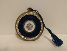 Vintage Zell of Fifth Ave Gold Blue Enamel Rose Round Powder Makeup Compact Case picture