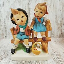 Vintage Japan Figurine Boy & Girl Sitting on Fence w/ Basket Hand Painted Bisque picture