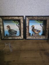 Vintage Enesco 3D Shadowbox PAIR Ducks Hand Crafted Painted Wood  picture