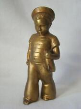Adorable Antique Bronze Little Sailor Boy Holding Pond Boat, Bookend Paperweight picture