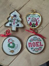 Vintage set of 4 cross-stitched Christmas ornaments. 90's Santa Snowman Noel picture