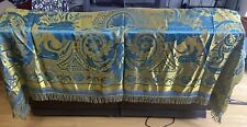 Blue Gold Satin Bedspread MADE ITALY Vintage Fringed Italian 88” x 80” Damask picture