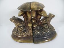 Frog Toad Toadstool Mushroom Bookends Metal SOO Art Nouveau Patina Brass Tone picture