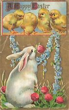 Postcard Rabbits Chicks Forget Me Nots Chrysanthemums Happy Easter Embossed picture