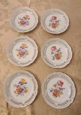 ANTIQUE B.J.L GERMANY 6 PC DESSERT PLATE SET RETICULATED OPEN BORDER GOLD FLORAL picture