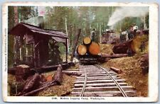 Postcard WA Washington Modern Logging Camp Railroad Tracks Loading Flatcar P6A picture