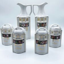 Vintage German Set of Six Ceramic Covered Spice Jars Oil Vinegar Cruets Floral picture