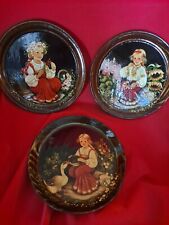 Ukrainian Folk Art Black Lacquer Hand Painted Wood Wall Hanging Plate Lot 3 Girl picture