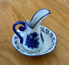 COLLECTIBLE BLUE & WHITE PORCELAIN MINIATURE PITCHER AND BOWL picture