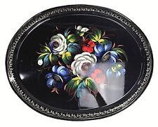 Vtg USSR Russian Hand Painted Metal Floral Flower Folk Art Tray Platter Black  picture