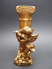Vintage Gold Taper Candle Holder Cherub Playing Flute Ornate Hollywood Regency  picture