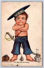 Postcard Patriotic WWI Young Sailor Boy USN Navy Who Says We Ain't Ready AD26 picture