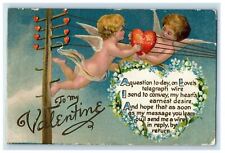 c1910's Valentine Two Angels Cherub Floating Wire Hearts Embossed Postcard picture