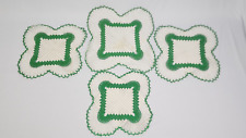 Vtg Set 4 Doilies Hand Crocheted Knitted Linen Apple Green Scalloped Kitsch picture