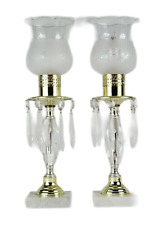 Vintage Pair of Table Lamps Drop Prism Crystal with Glass Shades Marble Base 15