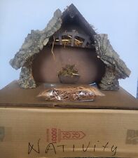 Vintage FONTANINI Wood Bark Nativity Manger Stable Creche Made in Italy + Box picture