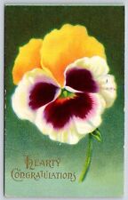 Hearty Congratulations~Yellow & Purple Pansy On Green Background~Vintage PC picture