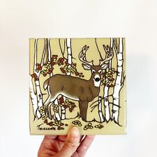 VTG Cleo Teissedre Hand Painted Deer Buck Nature Ceramic Tile Coaster Trivet 6x6 picture