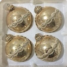 Vintage Christmas By Krebs 4 - Gold Glass Ornaments w/Gold Glitter & Ribbon 3” picture