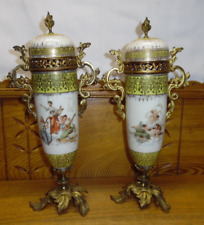 Pair Of Antique Austrian Porcelain Urns w/ Doecker Scenes - Some Wear & Lean picture