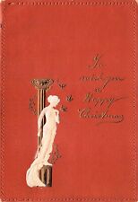 Antique Christmas Card Leatheroid Greek Goddess Statue Pillar Vtg Postcard B42 picture