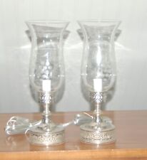Pair SILVER Etched Glass Boudoir Lamps HOLLYWOOD REGENCY Buffet Brass Hurricane picture