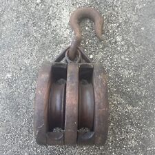 Antique Wooden Block and Tackle Barn 2 Pulley Cast Iron & Wood / Rustic Farm picture