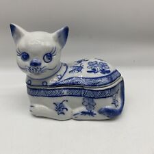Vintage Cat Porcelain Blue White Jewelry Trinket Box 5”chinoiserie picture
